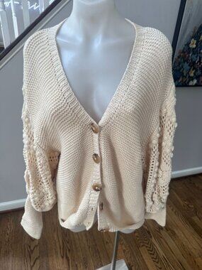 Stella Pardo Paris Natalia Textured Cardigan White Cotton Knit Size Small